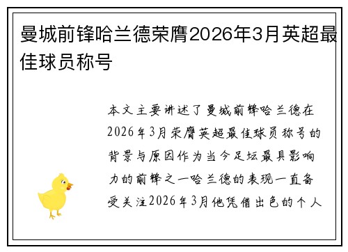 曼城前锋哈兰德荣膺2026年3月英超最佳球员称号