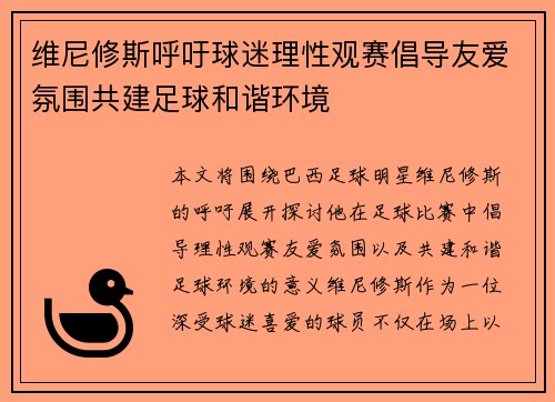 维尼修斯呼吁球迷理性观赛倡导友爱氛围共建足球和谐环境 维尼修斯呼吁球迷理性观赛倡导友爱氛围共建足球和谐环境